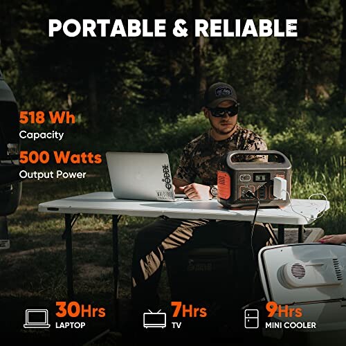 Man using portable power station outdoors with laptop and mini cooler.