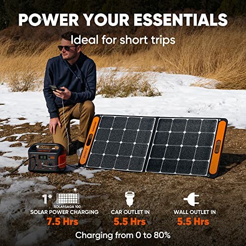 Man using portable solar power kit outdoors with charging times displayed.