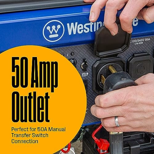 Hands connecting a 50 Amp outlet to a device with Westinghouse branding.
