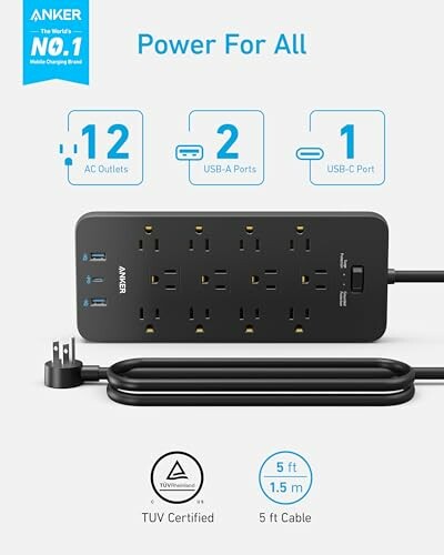 Anker power strip with 12 AC outlets, 2 USB-A ports, 1 USB-C port.