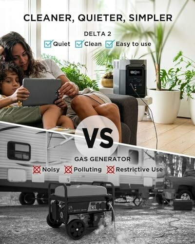 Comparison of a quiet, clean, easy-to-use Delta 2 energy system with a noisy, polluting gas generator.