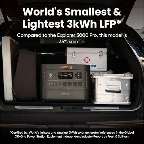 Compact 3kWh power station in car trunk with comparison note.