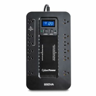 CyberPower 850VA uninterruptible power supply with LCD display and multiple outlets.