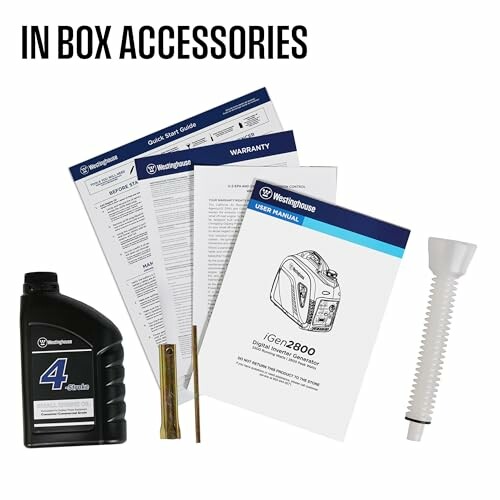 Generator accessories including manual, oil, and funnel.