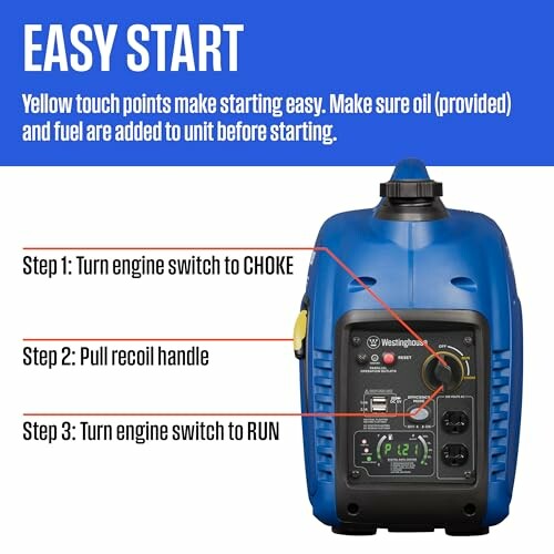 Instructions for starting a generator with labeled steps.