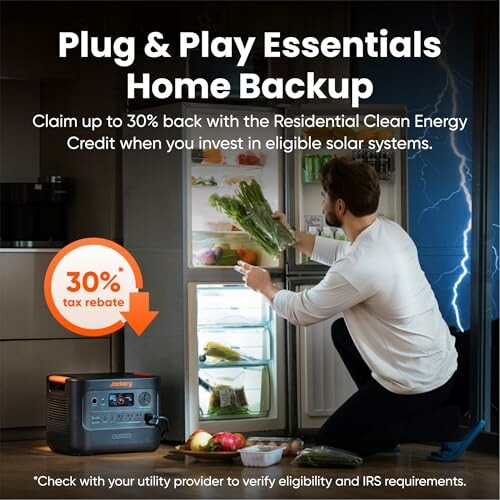 Man storing vegetables in a fridge with a portable power station nearby, promoting home backup and solar energy tax rebate.