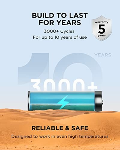 Battery advertisement highlighting 3000+ cycles and 5-year warranty.