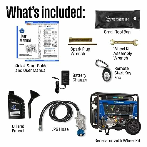 Portable generator with accessories including manual, tool bag, spark plug wrench, wheel kit, battery charger, remote key fob, oil and funnel, LPG hose.