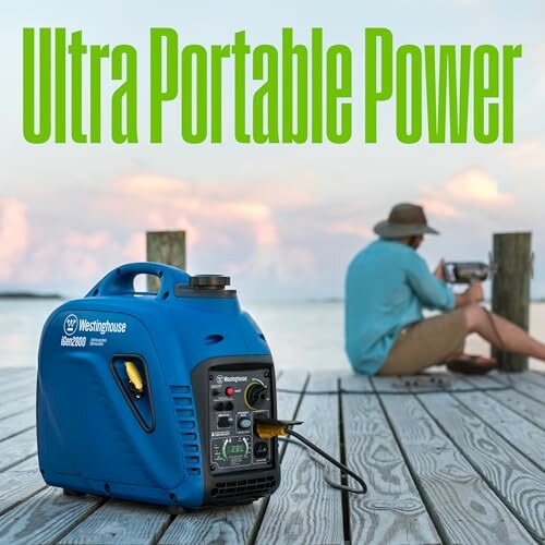 Portable generator on dock with person in background.