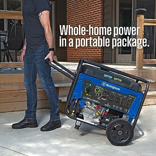 Person moving a portable generator outdoors.