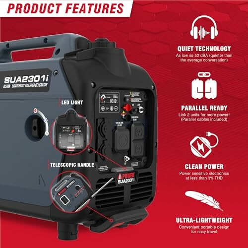 Portable generator with features including quiet technology, LED light, telescoping handle, parallel ready, clean power, and lightweight design.