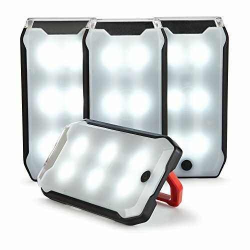 Four portable LED lights with black frames and glowing white panels.