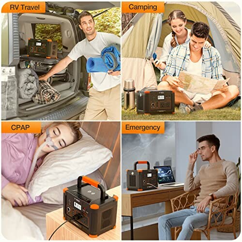 Collage showing portable power station used for RV travel, camping, CPAP, and emergencies.