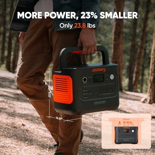 Person carrying a compact Jackery power station in a forest.