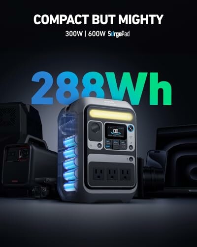 Compact 288Wh portable power station with outlets and digital display.