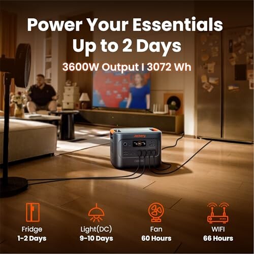 Portable power station in a living room powering essentials like fridge, lights, fan, and WiFi.