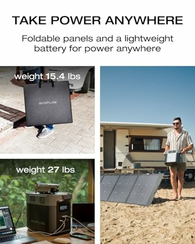 Portable solar power kit with foldable panels and lightweight battery.