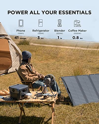 Person camping using portable solar power station with devices.