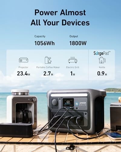 Portable power station on beach powering a projector, coffee maker, electric grill, and kettle.