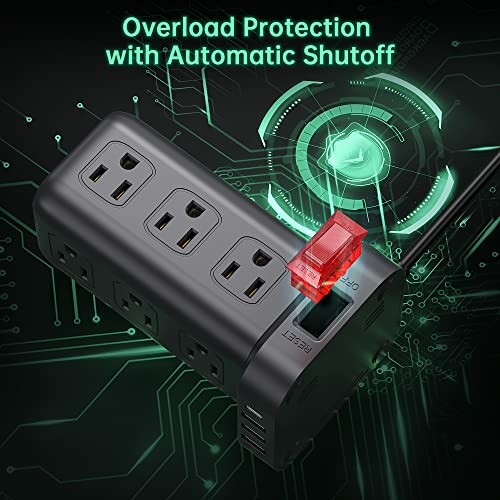 Power strip with overload protection and automatic shutoff feature.