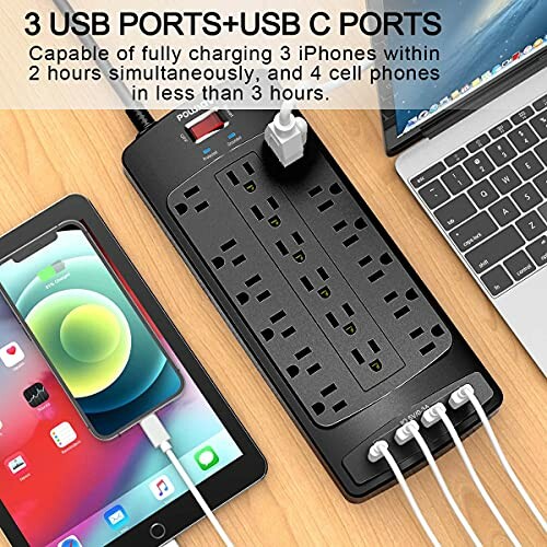 Power strip with multiple outlets, USB ports, and devices charging.