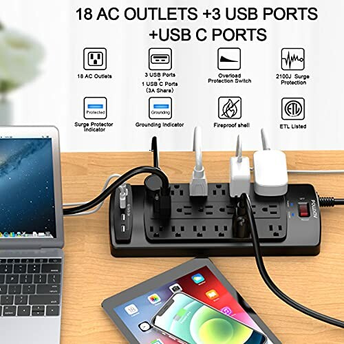 Power strip with 18 AC outlets and 3 USB ports connected to multiple devices.