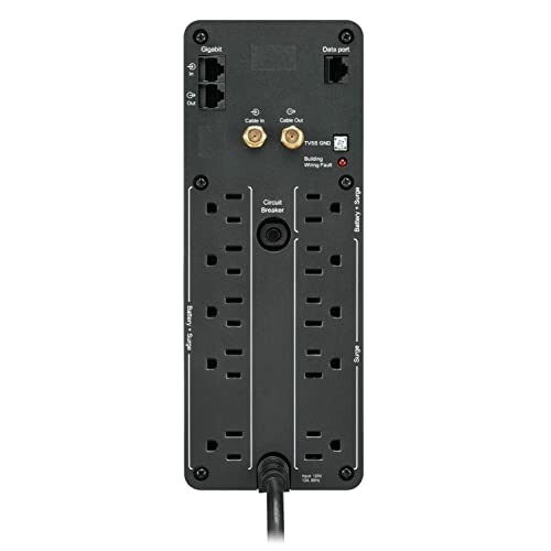 Back panel of a UPS with multiple outlets and ports.