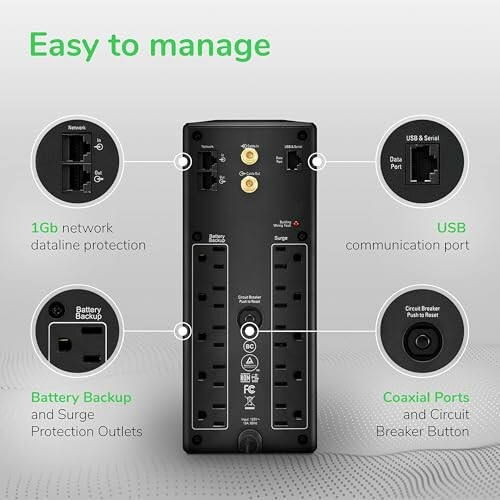 Back panel of UPS showing ports and outlets with labels.