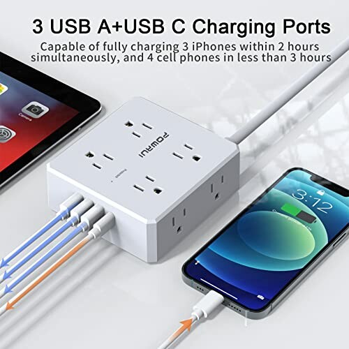 Charging station with 3 USB A and 1 USB C ports powering multiple devices.